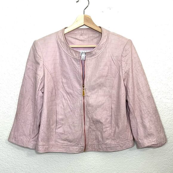 St. John Collection Pink Lamb Leather Jacket Silk Lined Croc Embossed Size 10 - Picture 2 of 15